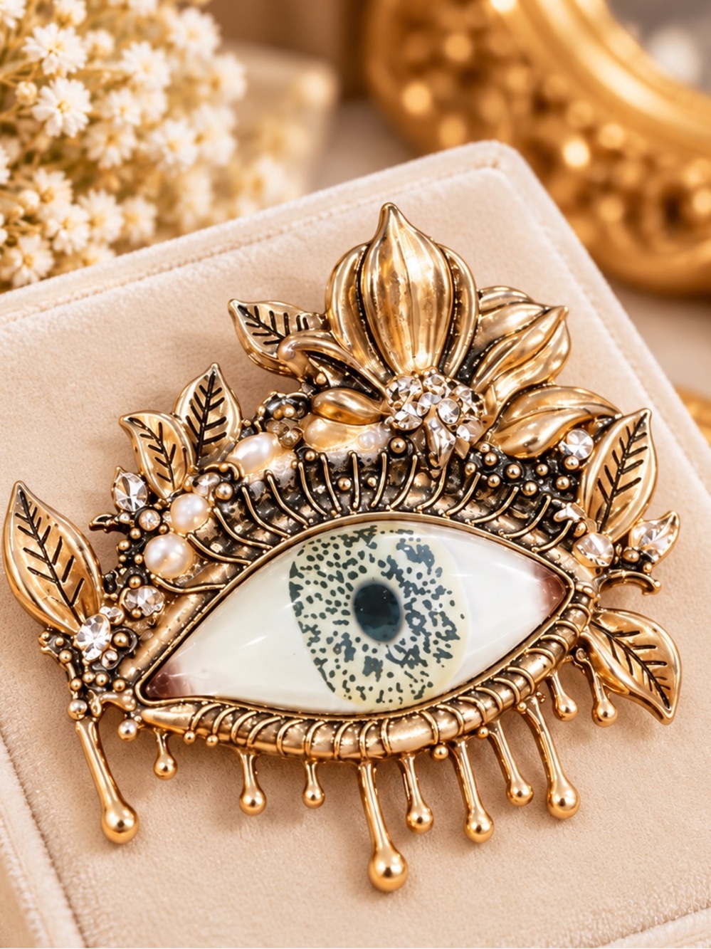 Vintage Gold Evil Eye Floral Statement Brooch with Crystal & Pearl Accents